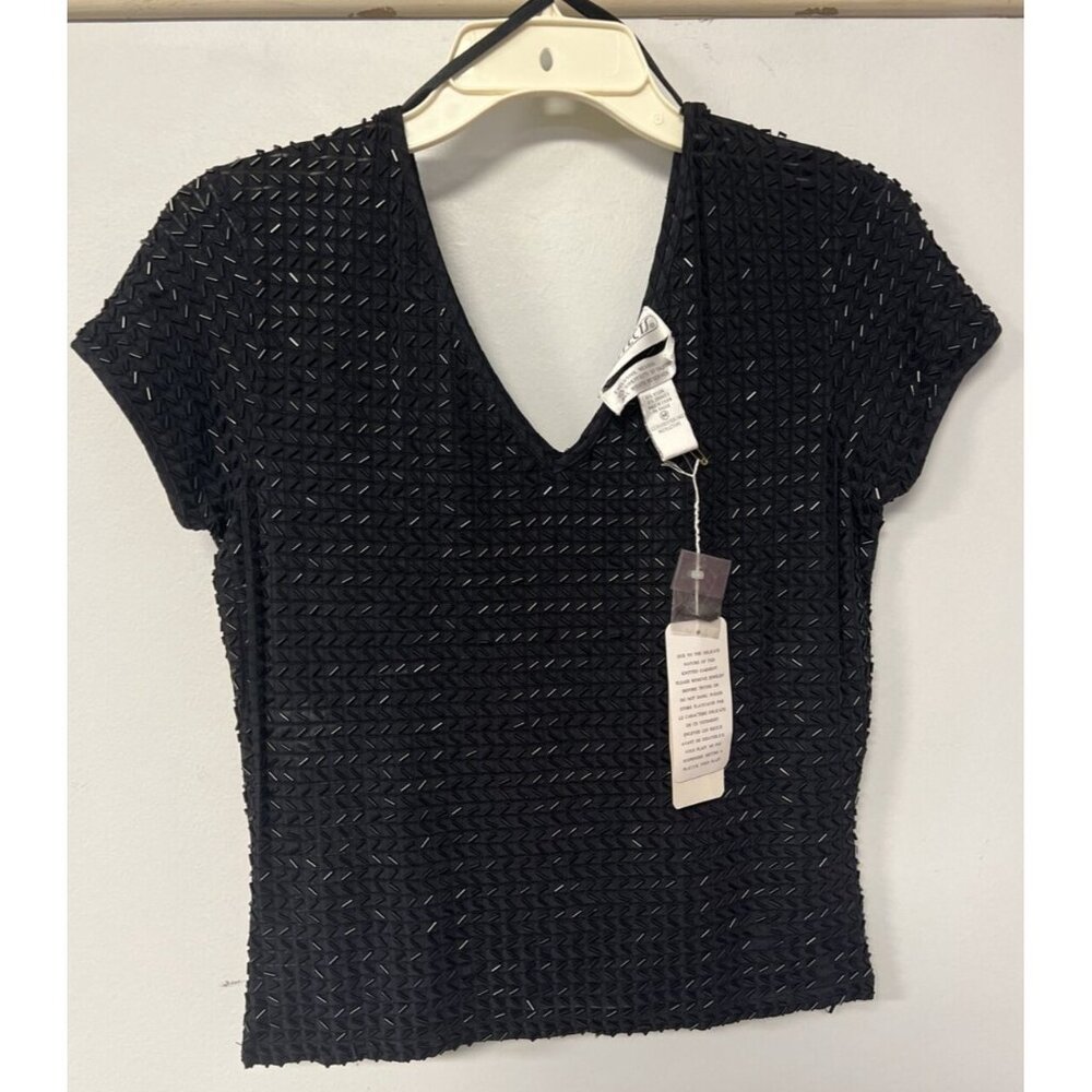 NWT Sideffects Woman's Black Beaded Short Cap Sleeve V Neck Top Medium - Picture 1 of 8